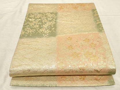 平和屋着物▼綴れ 六通柄袋帯 市松草花文 金糸 正絹 逸品 CABB7512dy