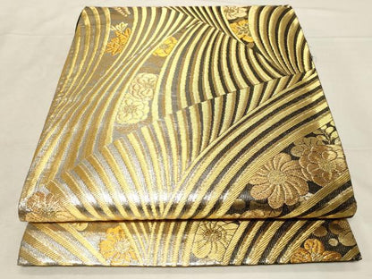 平和屋着物▼全通柄袋帯 草花文 金銀糸 正絹 逸品 CABB7513dy
