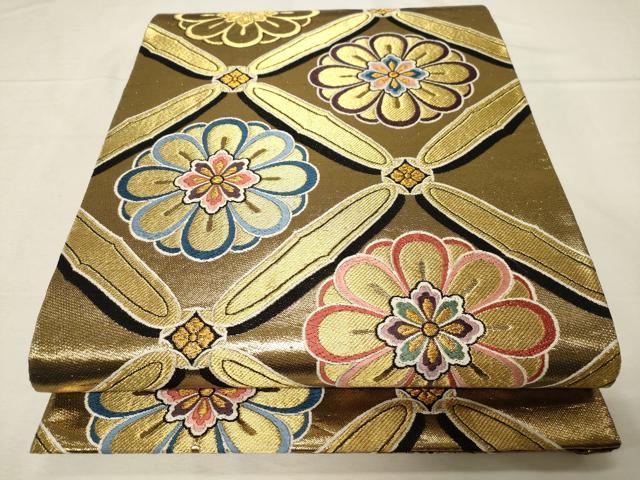 平和屋着物▼六通柄袋帯　菱花文　黒地　金糸　正絹　逸品　CABB7534dy