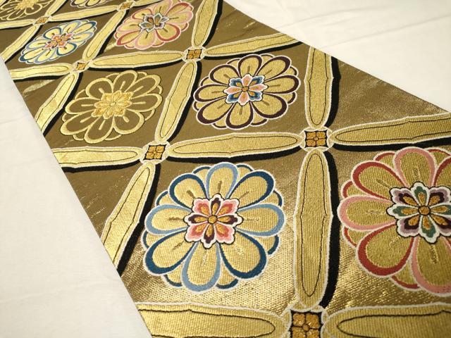 平和屋着物▼六通柄袋帯　菱花文　黒地　金糸　正絹　逸品　CABB7534dy