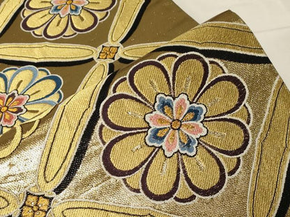 平和屋着物▼六通柄袋帯　菱花文　黒地　金糸　正絹　逸品　CABB7534dy