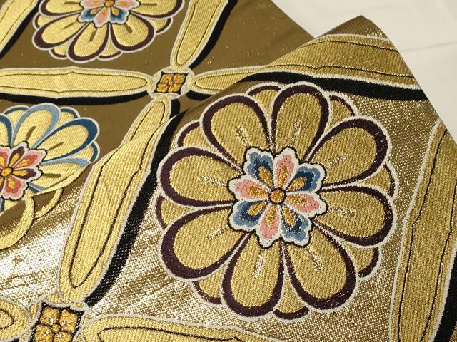 平和屋着物▼六通柄袋帯　菱花文　黒地　金糸　正絹　逸品　CABB7534dy