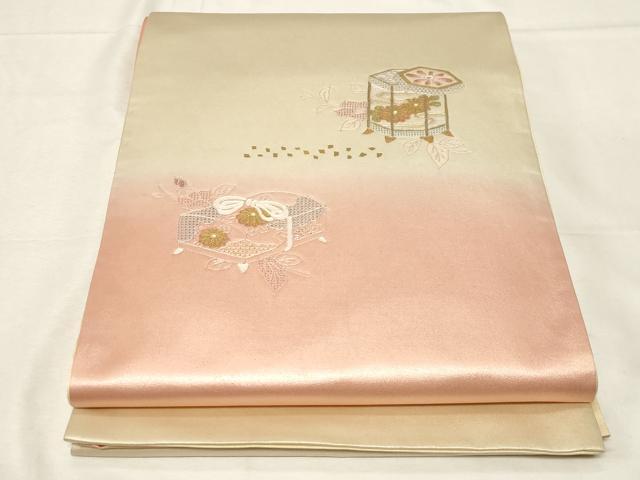 平和屋着物▼中国三大刺繍　スワトウ刺繍　太鼓柄袋帯　貝桶文箱花文　金彩　正絹　逸品　CABB7540dy