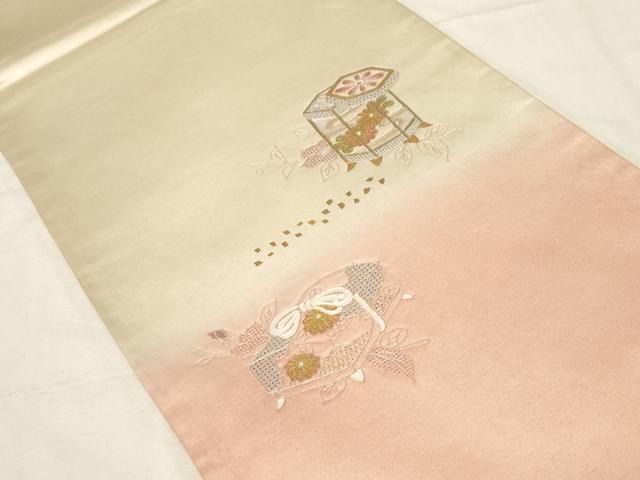 平和屋着物▼中国三大刺繍　スワトウ刺繍　太鼓柄袋帯　貝桶文箱花文　金彩　正絹　逸品　CABB7540dy