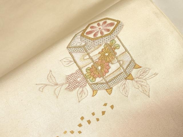 平和屋着物▼中国三大刺繍　スワトウ刺繍　太鼓柄袋帯　貝桶文箱花文　金彩　正絹　逸品　CABB7540dy