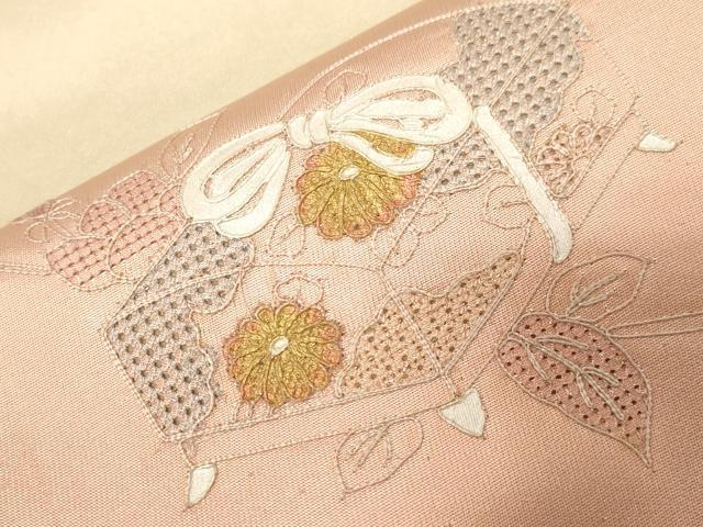 平和屋着物▼中国三大刺繍　スワトウ刺繍　太鼓柄袋帯　貝桶文箱花文　金彩　正絹　逸品　CABB7540dy