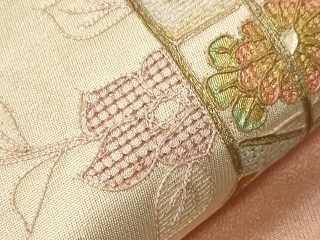 平和屋着物▼中国三大刺繍　スワトウ刺繍　太鼓柄袋帯　貝桶文箱花文　金彩　正絹　逸品　CABB7540dy