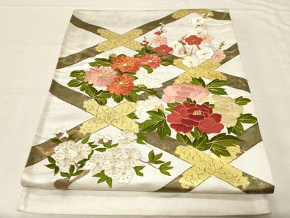 平和屋着物▼太鼓柄袋帯　駒刺繍　天井花文　金彩　引箔　正絹　逸品　CABB7596dy