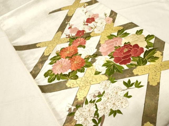 平和屋着物▼太鼓柄袋帯　駒刺繍　天井花文　金彩　引箔　正絹　逸品　CABB7596dy