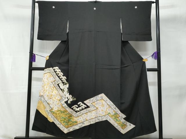 平和屋着物■豪華黒留袖　駒刺繍　松菊唐草文　金彩　正絹　逸品　CABB7685fb