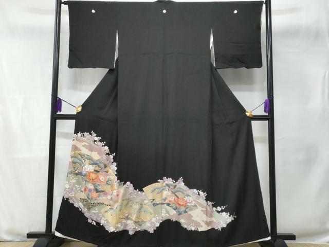 平和屋着物■豪華黒留袖 駒刺繍 地紙花鳥文 金彩 正絹 逸品 CABB7692fb