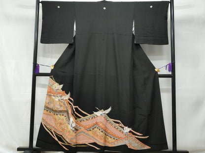 平和屋着物■豪華黒留袖 駒刺繍 飛鶴吉祥花文 金彩 正絹 逸品 CABB7783fb