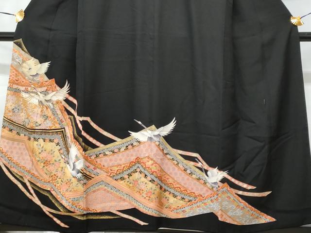 平和屋着物■豪華黒留袖 駒刺繍 飛鶴吉祥花文 金彩 正絹 逸品 CABB7783fb