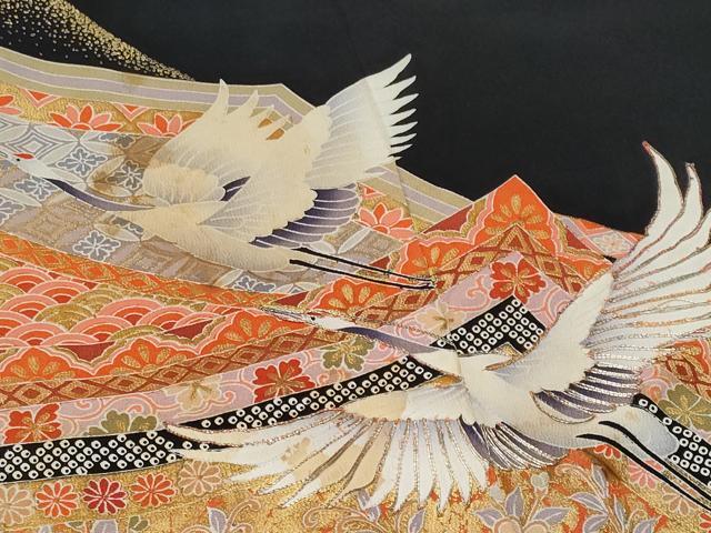 平和屋着物■豪華黒留袖 駒刺繍 飛鶴吉祥花文 金彩 正絹 逸品 CABB7783fb