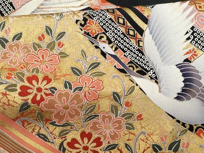 平和屋着物■豪華黒留袖 駒刺繍 飛鶴吉祥花文 金彩 正絹 逸品 CABB7783fb
