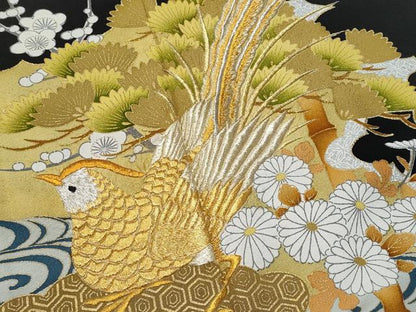 平和屋着物■豪華黒留袖 刺繍 尾長鳥松竹梅 金彩 正絹 逸品 CABB7786fb