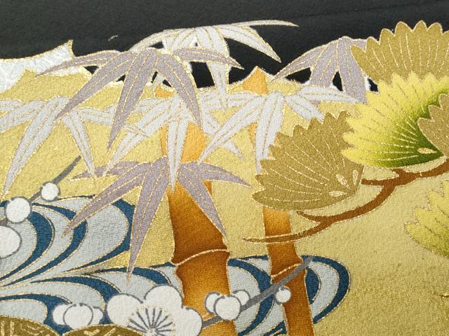 平和屋着物■豪華黒留袖 刺繍 尾長鳥松竹梅 金彩 正絹 逸品 CABB7786fb