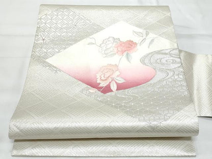 平和屋着物◎九寸名古屋帯 総刺繍 枝花文 銀糸 正絹 逸品 CABB7967fb