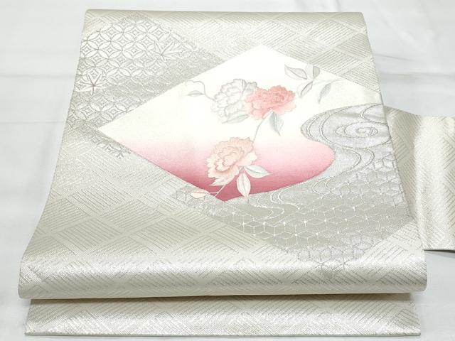 平和屋着物◎九寸名古屋帯 総刺繍 枝花文 銀糸 正絹 逸品 CABB7967fb