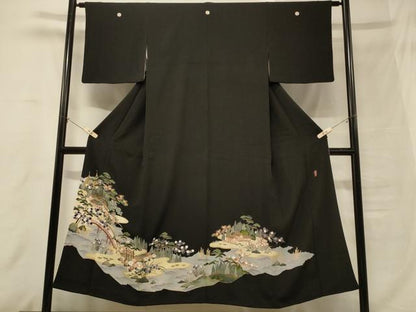 平和屋着物■豪華黒留袖　作家物　風景草花文　金彩　正絹　逸品　CABB8235in