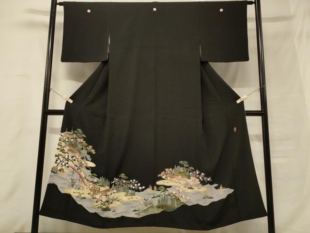 平和屋着物■豪華黒留袖　作家物　風景草花文　金彩　正絹　逸品　CABB8235in