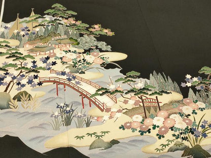 平和屋着物■豪華黒留袖　作家物　風景草花文　金彩　正絹　逸品　CABB8235in