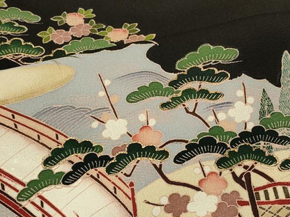 平和屋着物■豪華黒留袖　作家物　風景草花文　金彩　正絹　逸品　CABB8235in