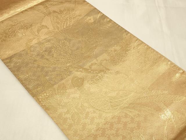 平和屋着物◎佐賀錦 六通柄袋帯 横段更紗花鳥文 金糸 正絹 逸品  CABB8271in