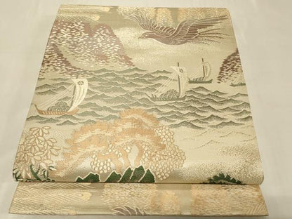 平和屋着物◎全通柄袋帯 風景花鳥文 舟 正絹 逸品 CABB8336in