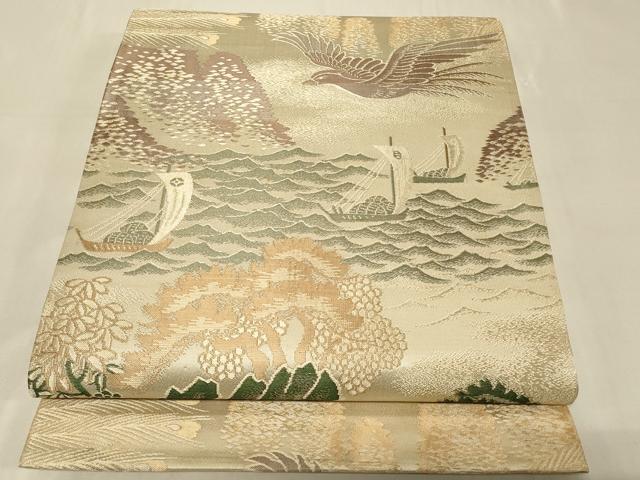 平和屋着物◎全通柄袋帯 風景花鳥文 舟 正絹 逸品 CABB8336in