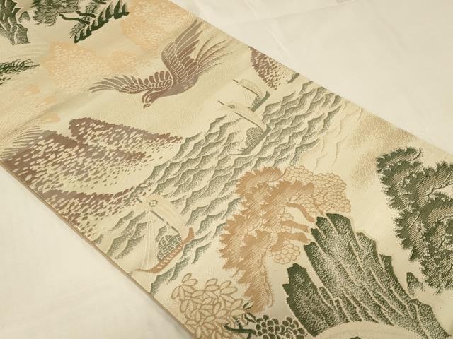 平和屋着物◎全通柄袋帯 風景花鳥文 舟 正絹 逸品 CABB8336in