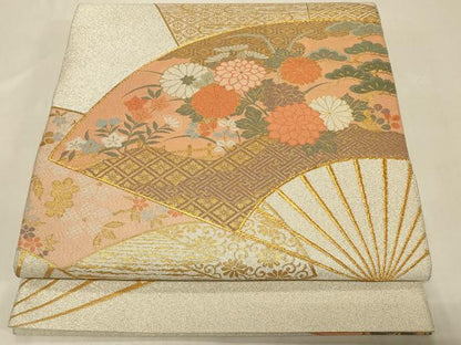 平和屋着物◎太鼓柄袋帯 綴れ 扇面草花文 金銀糸 正絹 逸品 CABB8338in