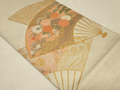 平和屋着物◎太鼓柄袋帯 綴れ 扇面草花文 金銀糸 正絹 逸品 CABB8338in