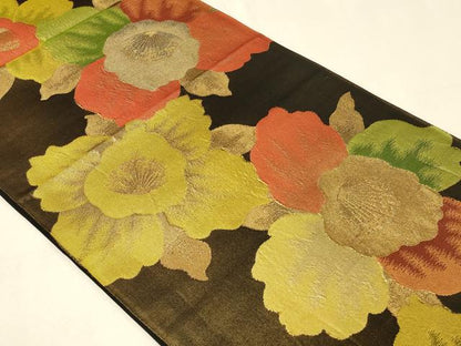平和屋着物◎六通柄袋帯 舞花文 黒地 金糸 正絹 逸品 CABB8339in