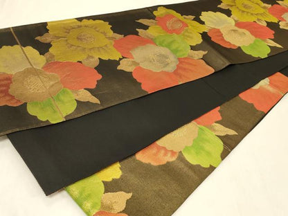 平和屋着物◎六通柄袋帯 舞花文 黒地 金糸 正絹 逸品 CABB8339in