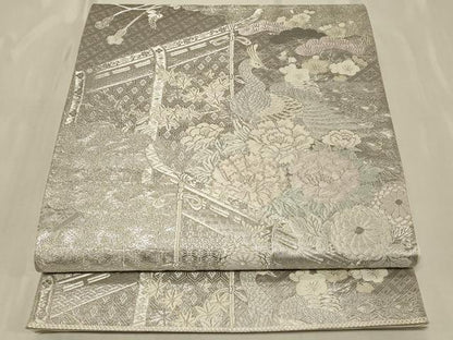 平和屋着物◎六通柄袋帯　唐織　孔雀花文　九百プラチナ弐重織　正絹　逸品　CABB8342in