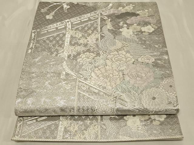 平和屋着物◎六通柄袋帯　唐織　孔雀花文　九百プラチナ弐重織　正絹　逸品　CABB8342in