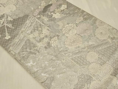 平和屋着物◎六通柄袋帯　唐織　孔雀花文　九百プラチナ弐重織　正絹　逸品　CABB8342in