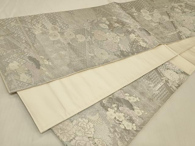 平和屋着物◎六通柄袋帯　唐織　孔雀花文　九百プラチナ弐重織　正絹　逸品　CABB8342in