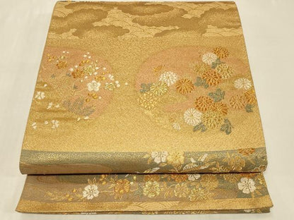平和屋着物◎六通柄袋帯　横段花鳥丸文　金糸　正絹　逸品　CABB8351in