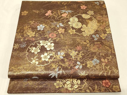 平和屋着物◎六通柄袋帯　唐織　蒔絵草花詰　金糸　正絹　逸品　CABB8357in