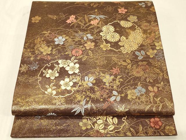 平和屋着物◎六通柄袋帯　唐織　蒔絵草花詰　金糸　正絹　逸品　CABB8357in
