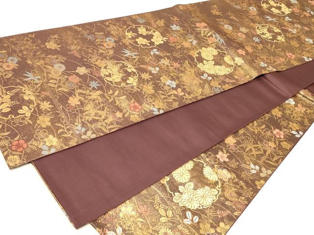 平和屋着物◎六通柄袋帯　唐織　蒔絵草花詰　金糸　正絹　逸品　CABB8357in