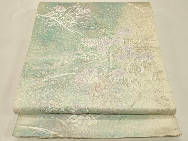 平和屋着物◎六通柄袋帯 草花文 銀糸 正絹 逸品 CABB8358in