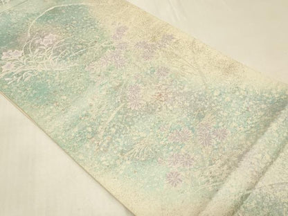 平和屋着物◎六通柄袋帯 草花文 銀糸 正絹 逸品 CABB8358in