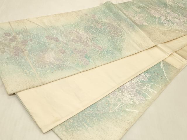 平和屋着物◎六通柄袋帯 草花文 銀糸 正絹 逸品 CABB8358in