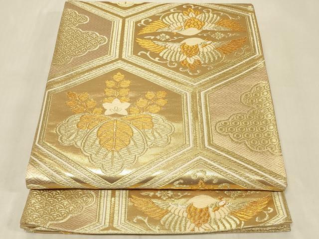 平和屋着物◎六通柄袋帯　亀甲双鶴桐文　金糸　正絹　逸品　CABB8368in