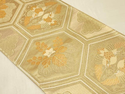 平和屋着物◎六通柄袋帯　亀甲双鶴桐文　金糸　正絹　逸品　CABB8368in