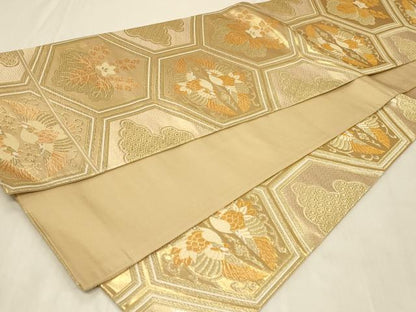 平和屋着物◎六通柄袋帯　亀甲双鶴桐文　金糸　正絹　逸品　CABB8368in