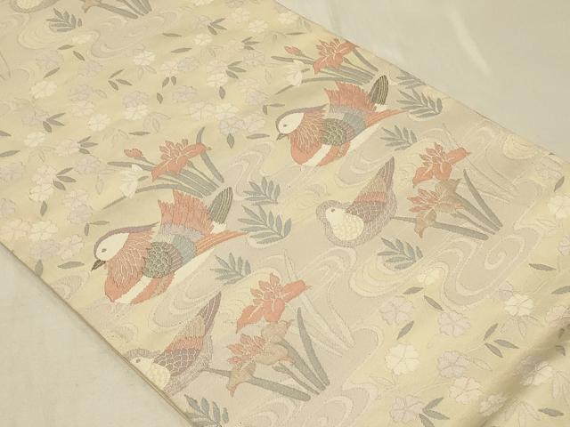 平和屋着物◎六通柄袋帯 流水鴛鴦花文 銀糸 正絹 逸品 CABB8374in